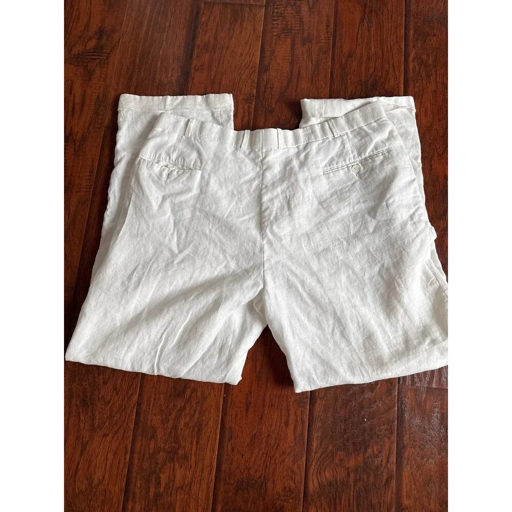 100% Linen White Flat Front Pants Size 42W Lined Wide Leg Summer Resort